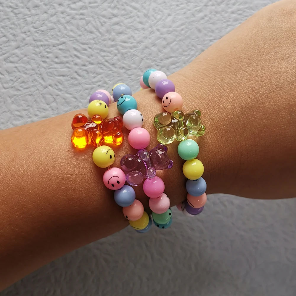 ZX Handmade Similey Face Beads Chain Charm Bracelet for Women Girls INS Cute Transparent Bear Bracelet Adjustable Chain Bracelet