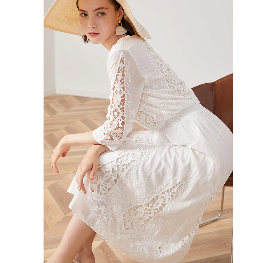 TEELYNN silk cotton lace dress white floral Embroidery party dresses 2019 vintage midi Autumn dresses brand long women dresses
