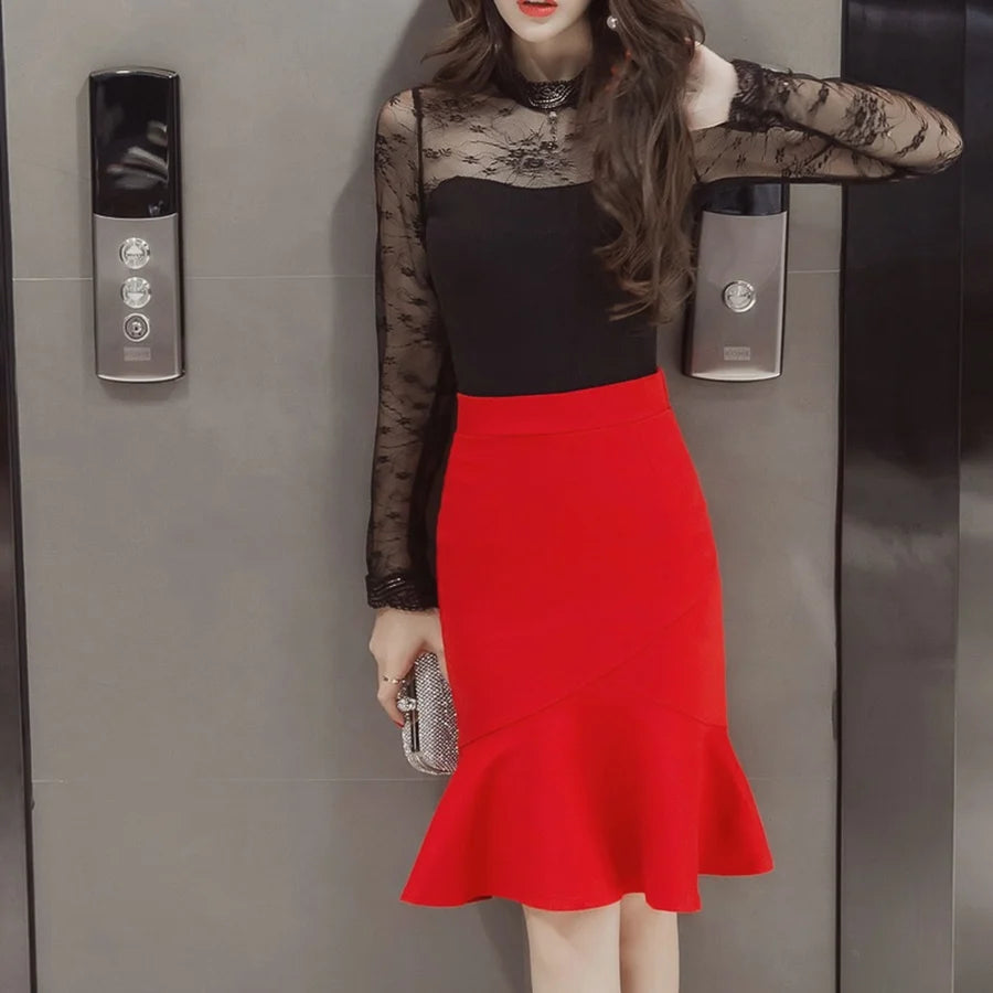 S-5XL 2023 Women Pencil Skirt Fashion OL Slim Bodycon Business Wear Ruffles Hem Mermaid Style Oversized Ladies Office Skirt