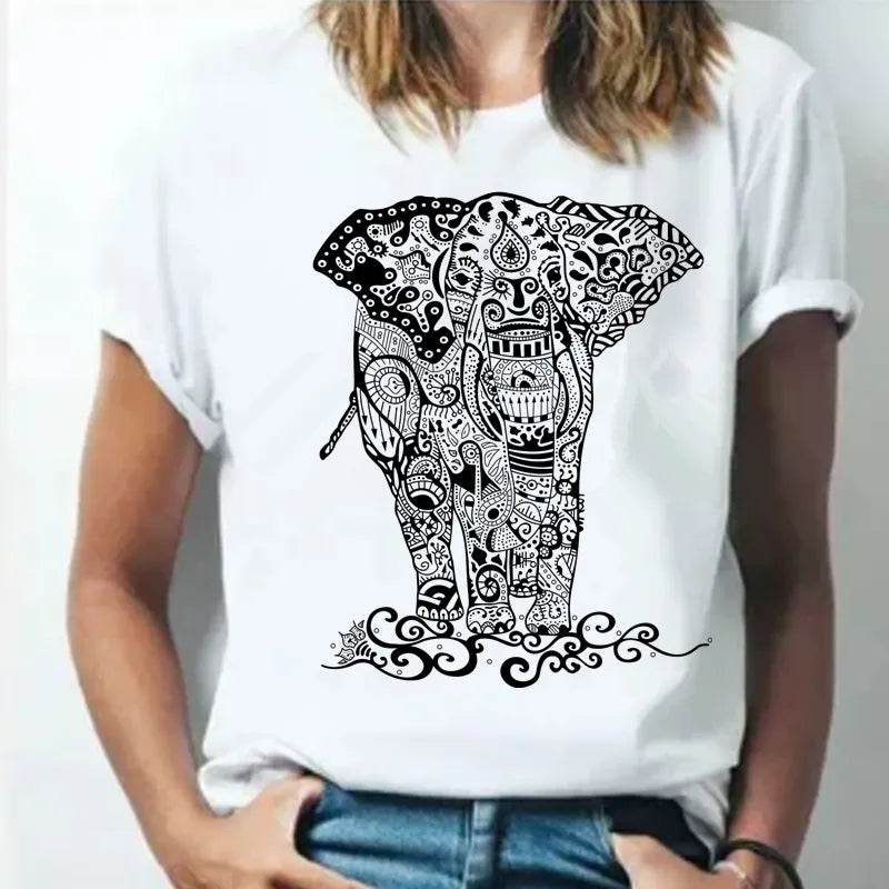 Summer 2021 Cartoons Funny T shirts Women Fashion Short Sleeve O-Neck Tee Shirt Elephant printed Top Crop HH170