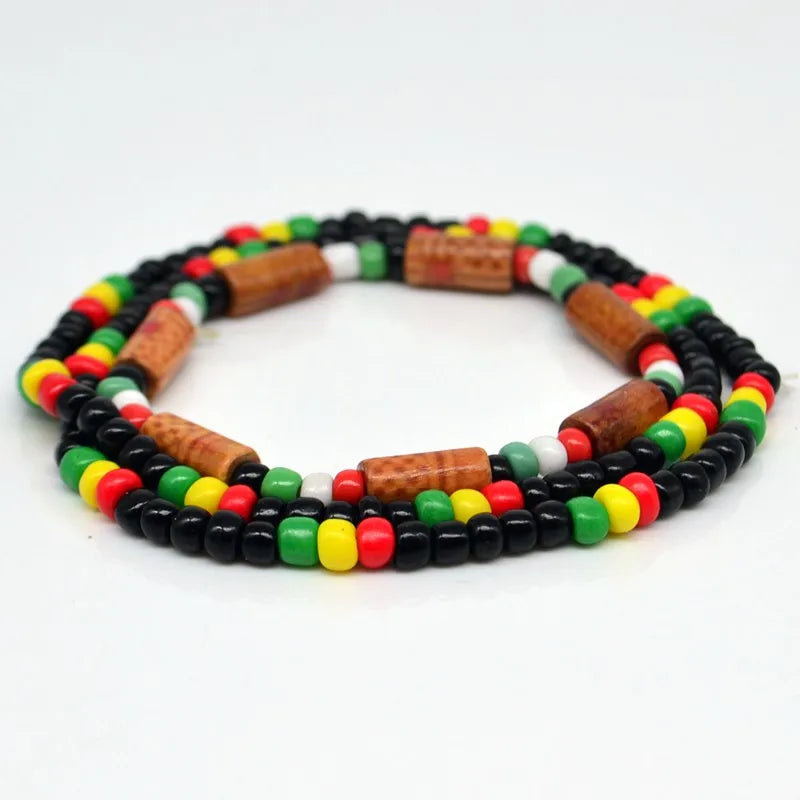 10Set Red Yellow Green Black Glass Seed Beads Necklace and Bracelet Jewelry Rasta Reggae Punk Hiphop  Elastic Stretch Fashion
