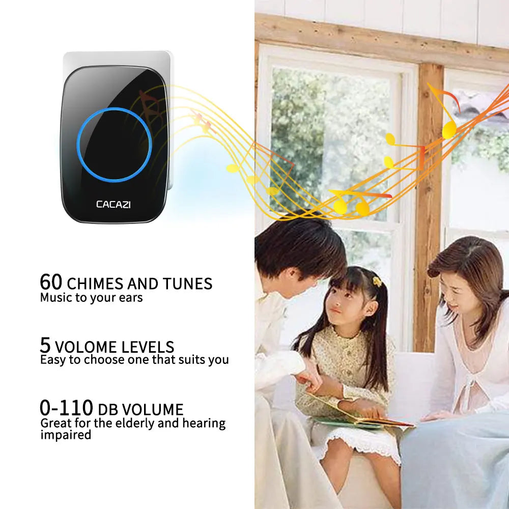 CACAZI Wireless Doorbell Waterproof 60 chimes 5 Volume Home Cordless Door Ring Bell 220V US EU UK Plug 1 2 Button 1 2 3 Receiver