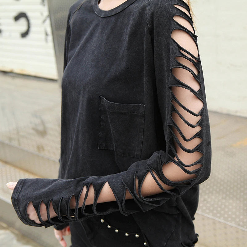 street punk Fashion women's hole personality tassel pocket loose t-shirt female Washing Cotton Women's Clothing Clothes