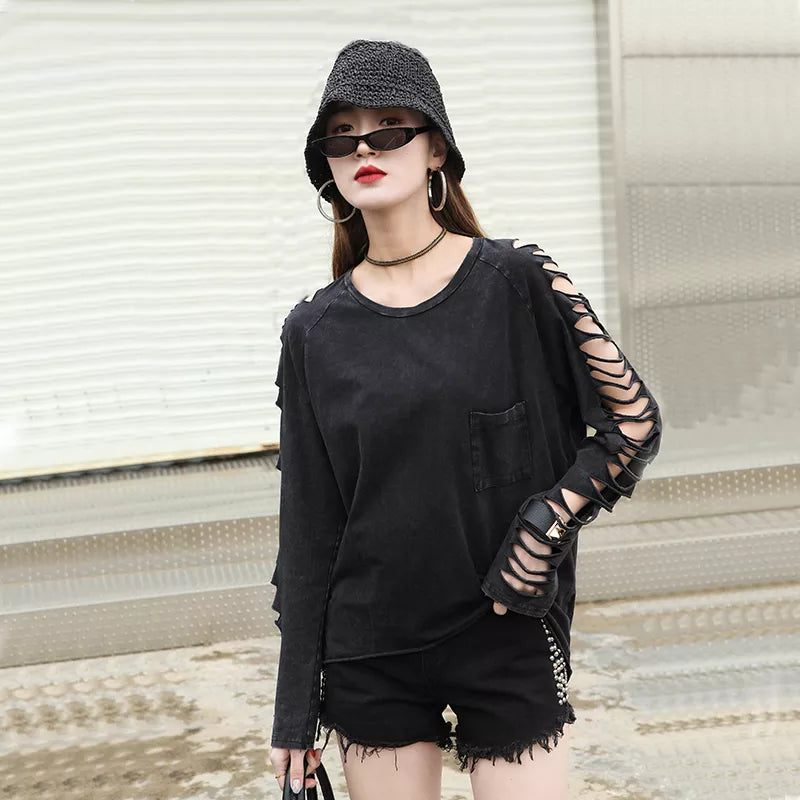 street punk Fashion women's hole personality tassel pocket loose t-shirt female Washing Cotton Women's Clothing Clothes