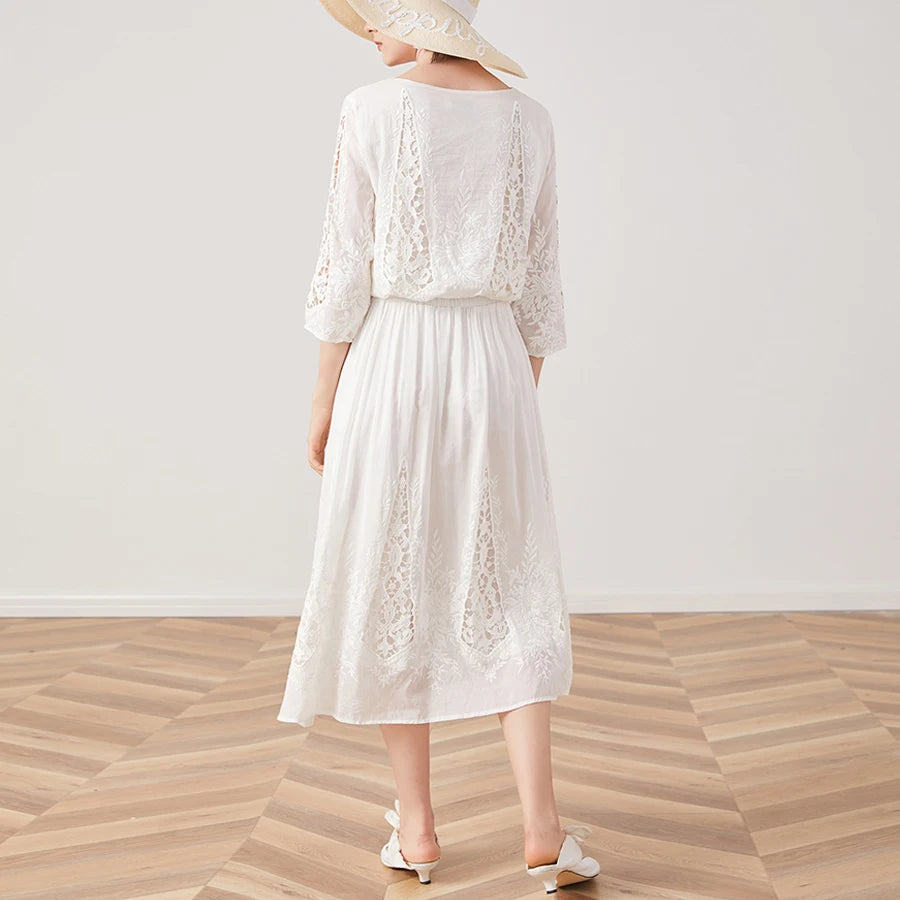 TEELYNN silk cotton lace dress white floral Embroidery party dresses 2019 vintage midi Autumn dresses brand long women dresses