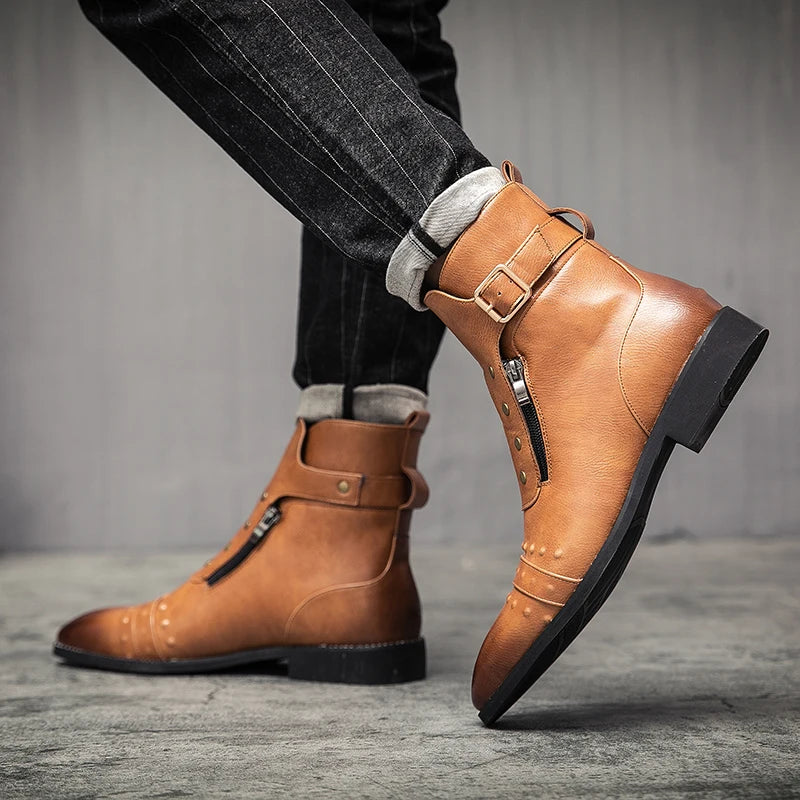 Men Basic Boots PU Leather Vintage Fashion Mens Shoes Zip Winter Autumn Ankle Boots Motorcycle Boots For Men Big Size 38-46