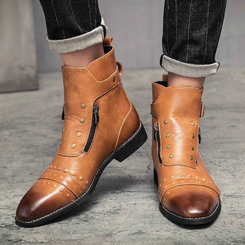 Men Basic Boots PU Leather Vintage Fashion Mens Shoes Zip Winter Autumn Ankle Boots Motorcycle Boots For Men Big Size 38-46