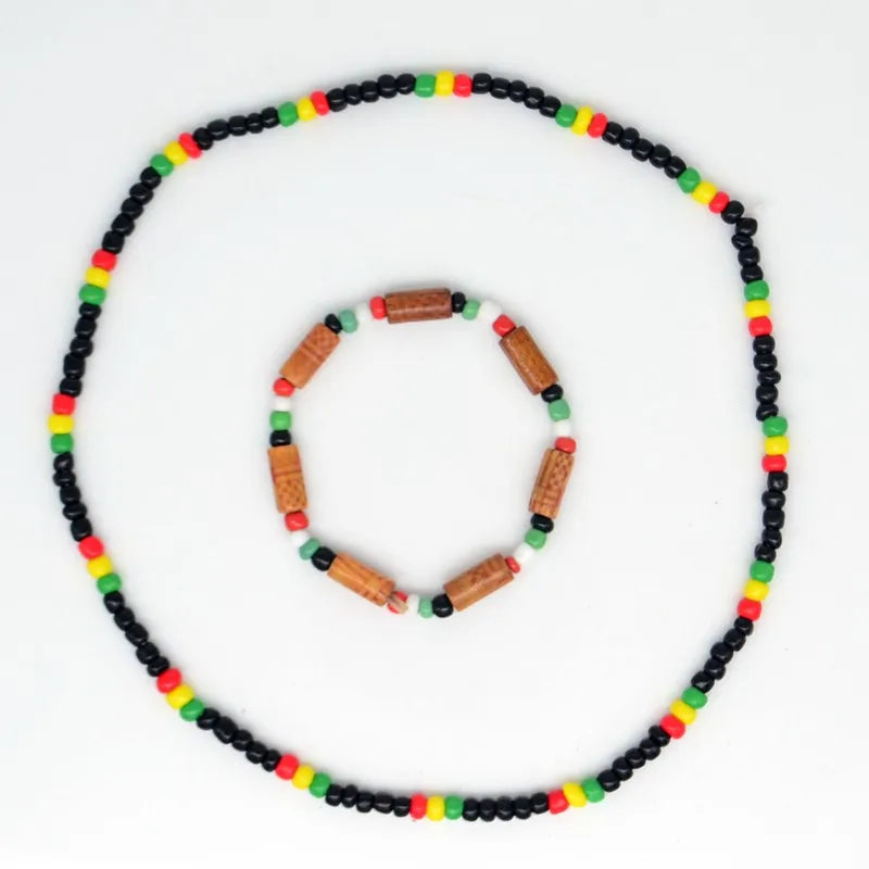 10Set Red Yellow Green Black Glass Seed Beads Necklace and Bracelet Jewelry Rasta Reggae Punk Hiphop  Elastic Stretch Fashion