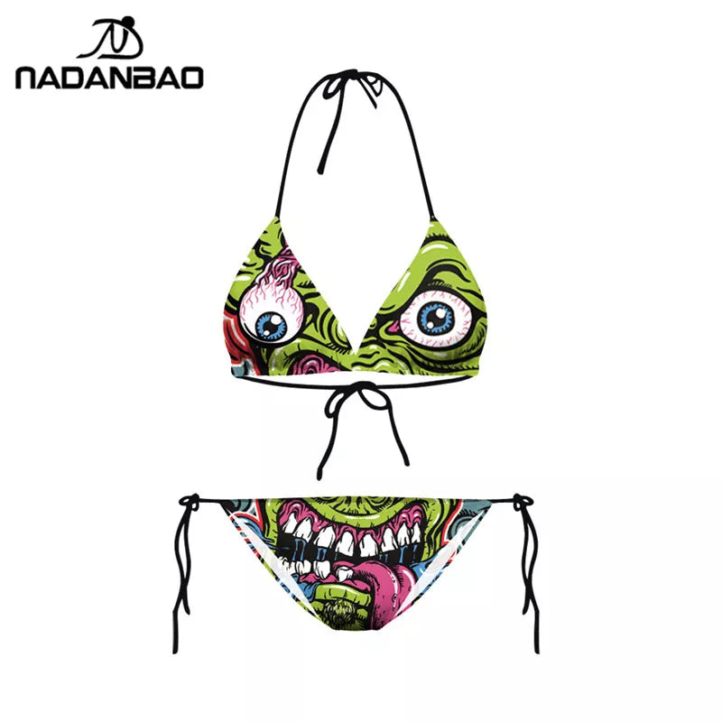 Bikini 2023 Plavky Mujer Sexy Set Swimsuit biquini Skull Printed Women Bra Swimwear Green Bathing Suit Bikinis Y03002
