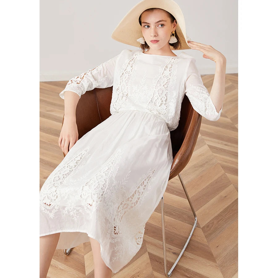 TEELYNN silk cotton lace dress white floral Embroidery party dresses 2019 vintage midi Autumn dresses brand long women dresses