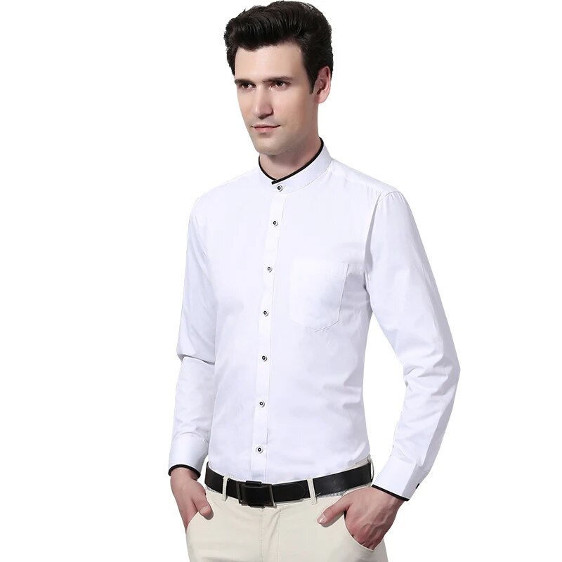 Mandarin Collar Business Formal Shirt Men's Solid Color Dress Shirt Office Wear White/Black Color Asian Size