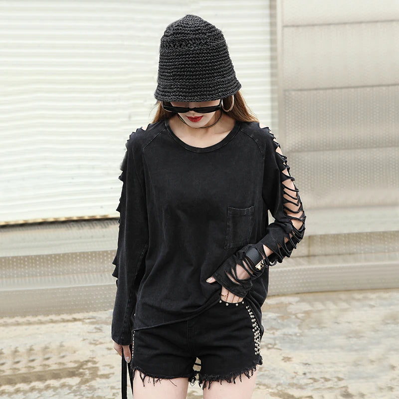 street punk Fashion women's hole personality tassel pocket loose t-shirt female Washing Cotton Women's Clothing Clothes