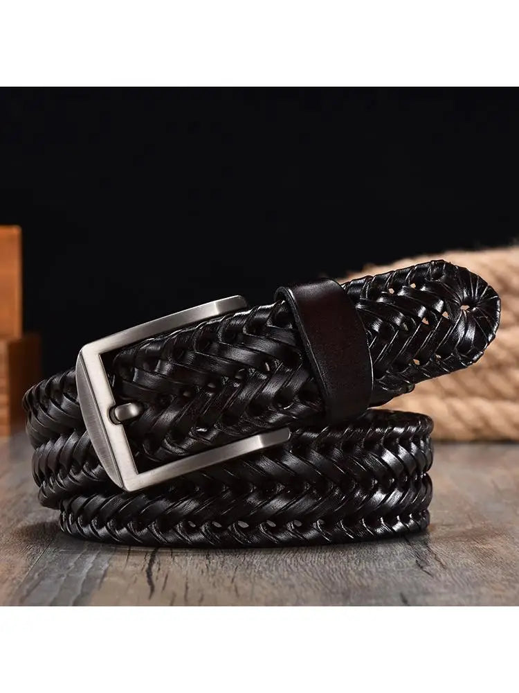 2022 New Design Hand Woven Belt Men Retro Pure Leather 4cm Wide Casual Needle Buckle Clothing Fashion Brown Accessories Denim