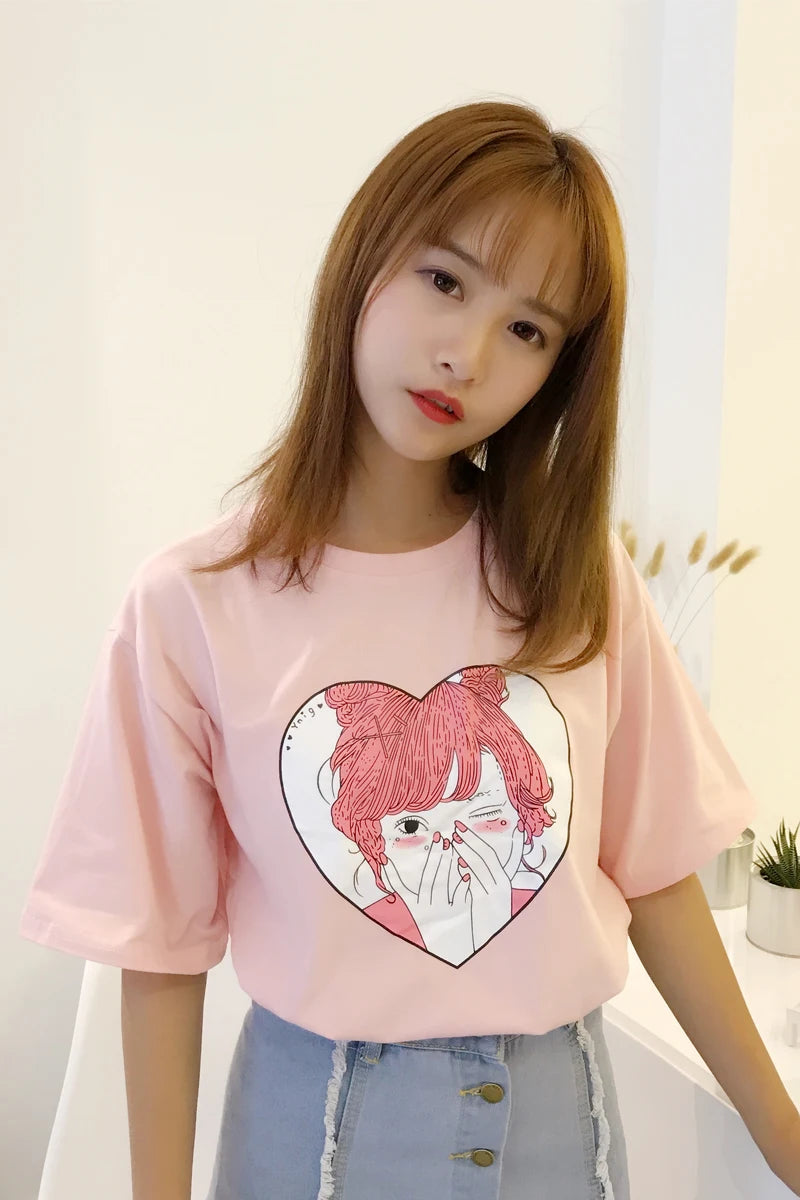 2023 Summer New Fashion Cute Character Printed All Match Cotton Short Sleeve Female T-shirts