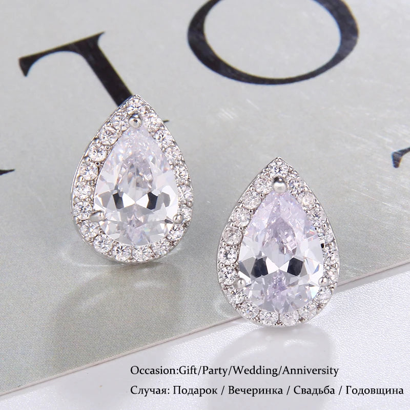 Fashion Sliver Color Pear Cubic Zirconia Stud Earrings For Women Crystal Earings For Party Water Drop Studs Ear For Girl