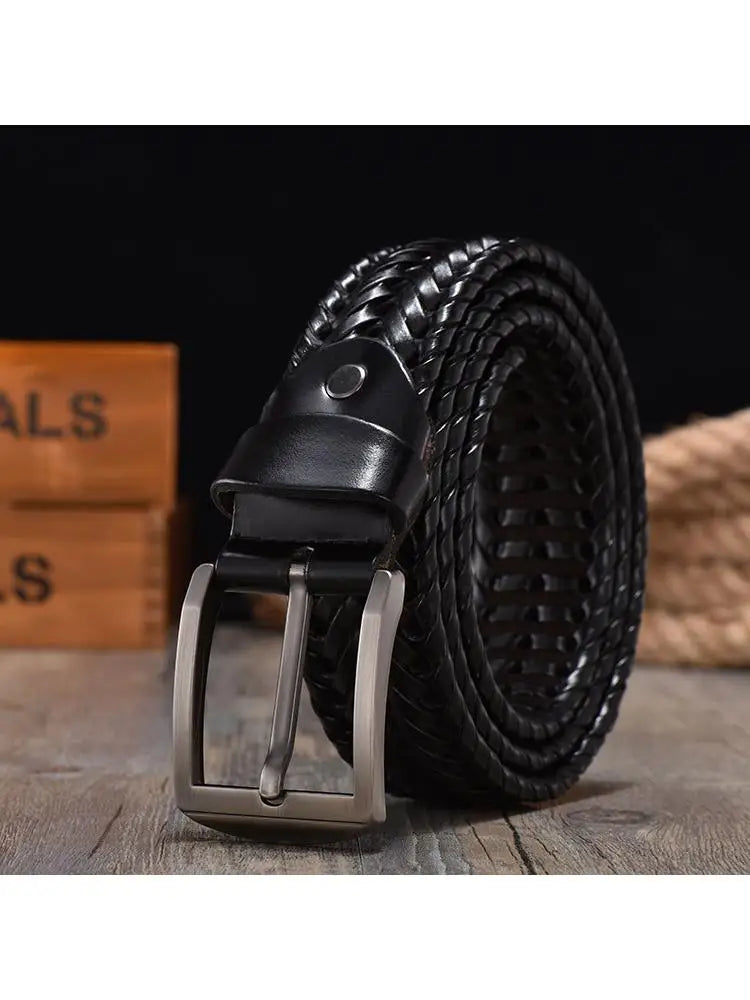 2022 New Design Hand Woven Belt Men Retro Pure Leather 4cm Wide Casual Needle Buckle Clothing Fashion Brown Accessories Denim