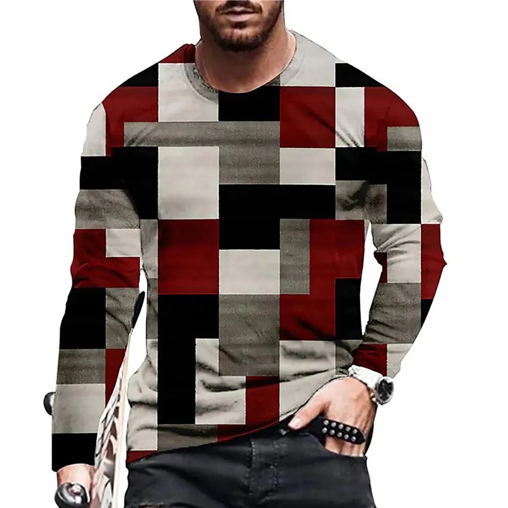 Vintage Patchwork Colour 3d Print Summer Men's O-Neck T-shirt Casual Long Sleeve Oversized T Shirt Fashion Pullover Men Clothing