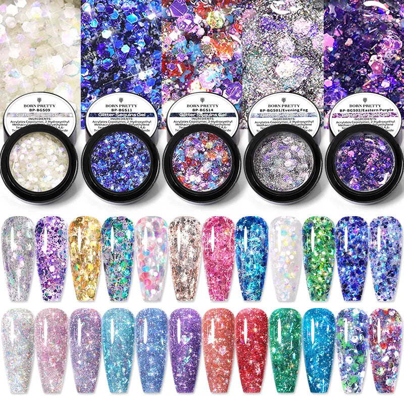 BORN PRETTY Glitter Sequins Gel Nail Polish 5ml Spaking Shinig Semi Permanent Paint Hybrid Varnish Top Coat Solid Nail Tips Gel