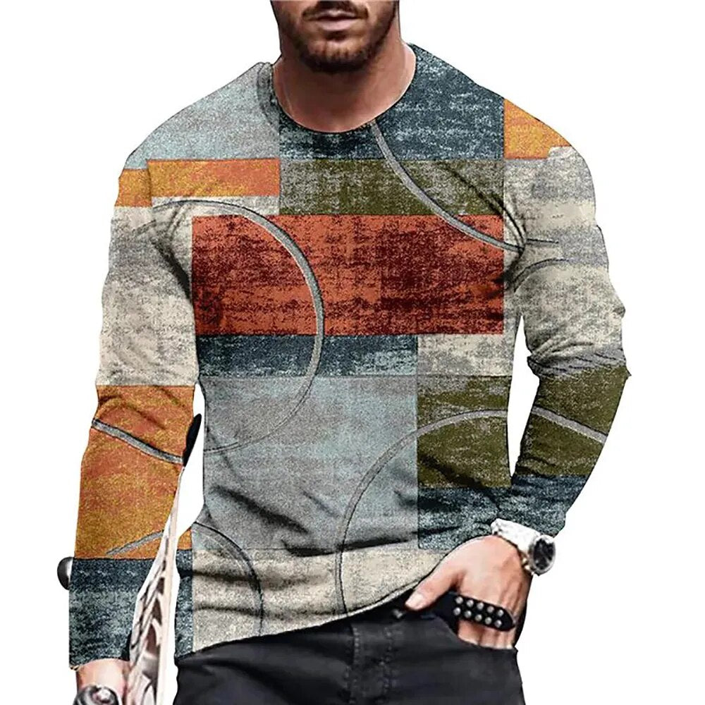 Vintage Patchwork Colour 3d Print Summer Men's O-Neck T-shirt Casual Long Sleeve Oversized T Shirt Fashion Pullover Men Clothing