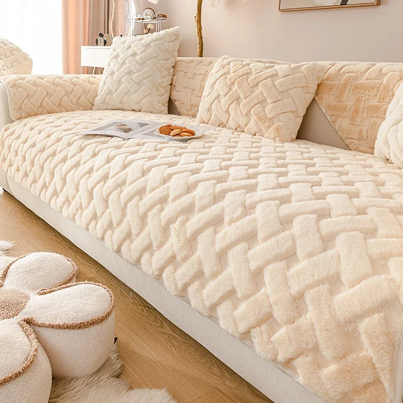 Warm Winter Sofa Cover Cheese Sofa Mat Faux Rabbit Plush Sofa Towel Pet Couch Cover Anti Cat Scratch Sofa Slipcover Xmas Decor