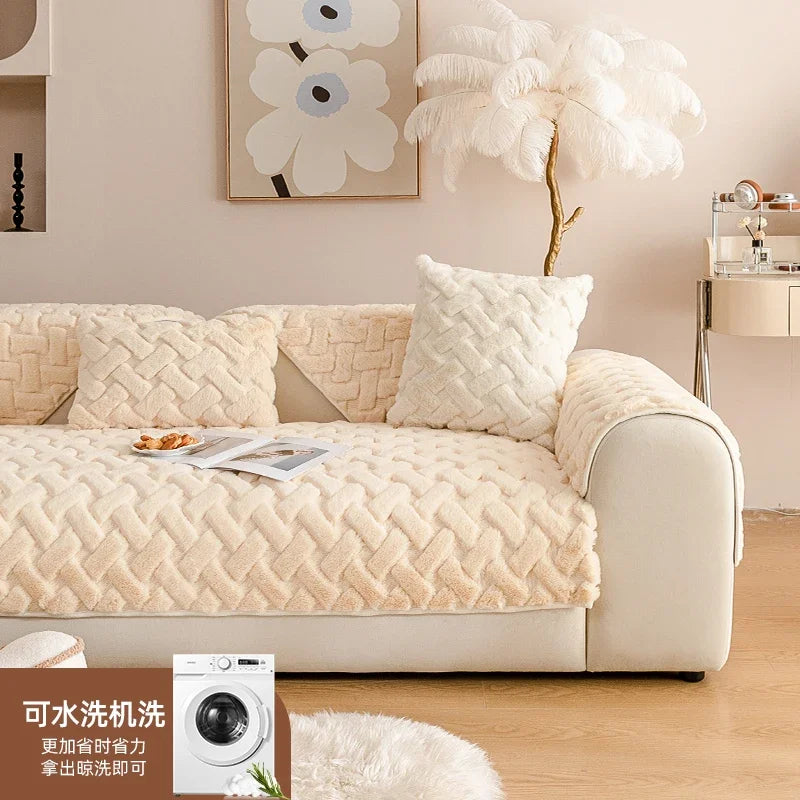 Warm Winter Sofa Cover Cheese Sofa Mat Faux Rabbit Plush Sofa Towel Pet Couch Cover Anti Cat Scratch Sofa Slipcover Xmas Decor