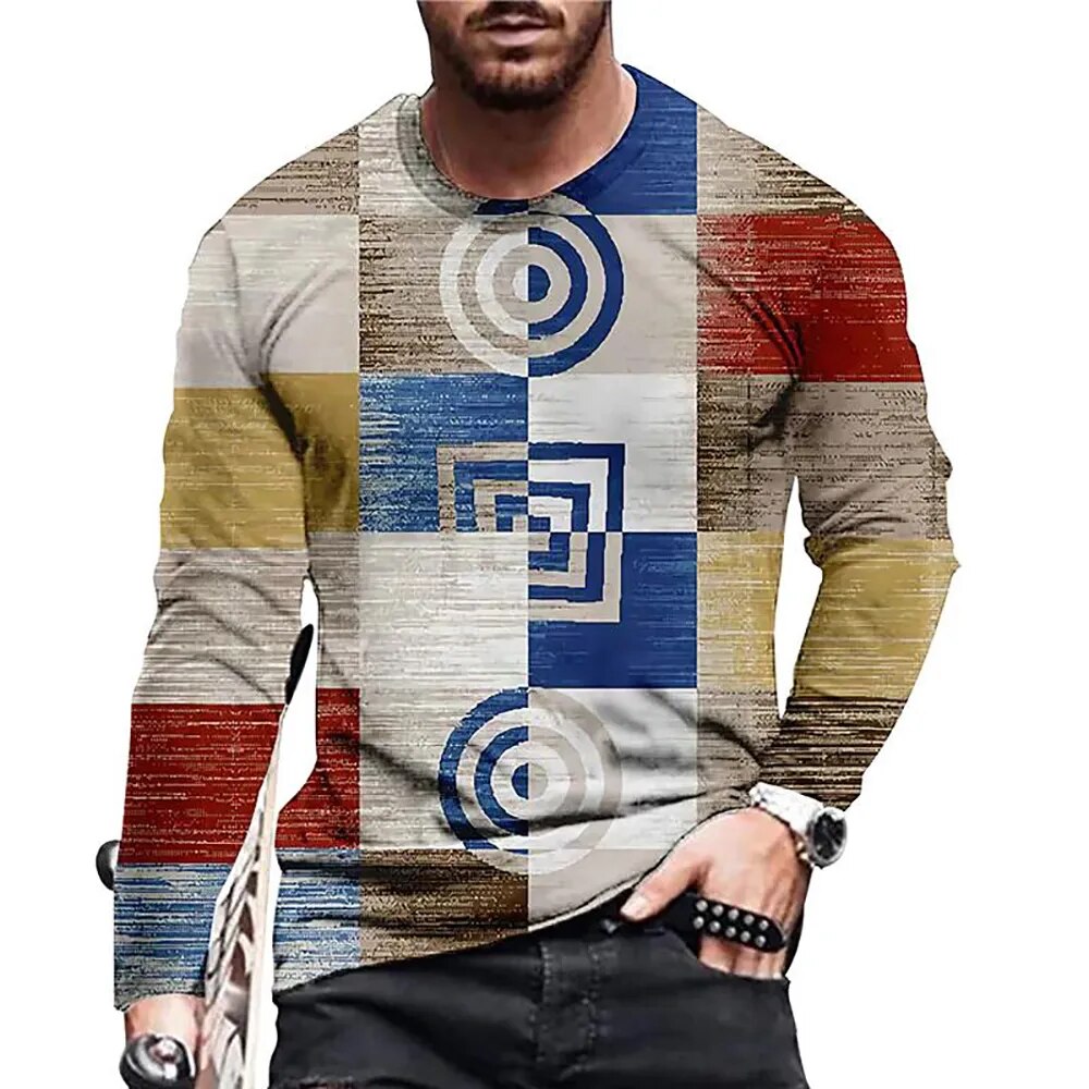Vintage Patchwork Colour 3d Print Summer Men's O-Neck T-shirt Casual Long Sleeve Oversized T Shirt Fashion Pullover Men Clothing