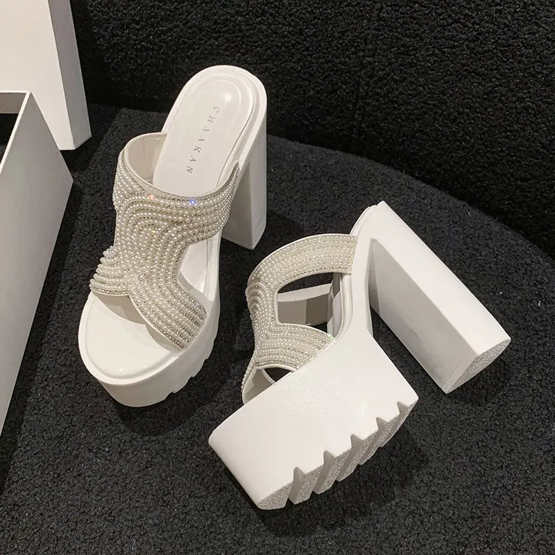 pearl white Chunky Platform Slippers Women Summer 2023 Slip-On Wedge Slide Sandals Woman Fashion Thick High Heel Sandles Ladies