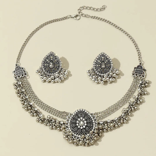 Indian Jhumka Earrings Necklaces Jewelry Sets for Women Bohemian Oxidized Silver Color Water Drop Bells Tassel Jewelry Sets