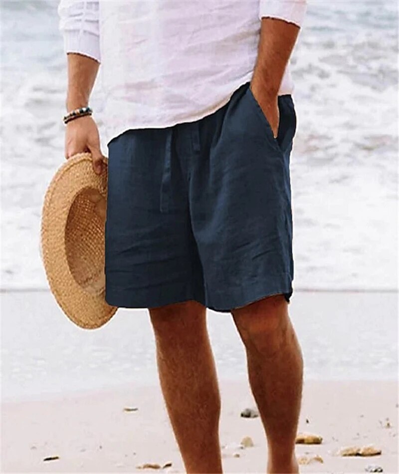 2023 Summer Cotton Linen Shorts Mens Beach Shorts Solid Color Daily Casual Drawstring Short Pant Breathable Loose Shorts For Men