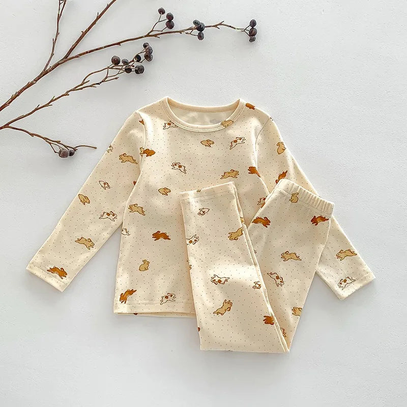 Baby Sleepwear Pajamas Set for Children Korean Girls Boy Round Neck Top and Bottom Kids Clothing Cotton Print Autumn Clothes