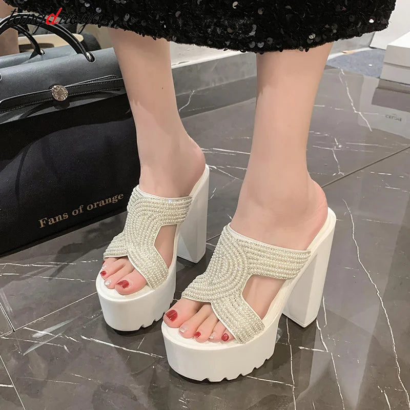 pearl white Chunky Platform Slippers Women Summer 2023 Slip-On Wedge Slide Sandals Woman Fashion Thick High Heel Sandles Ladies