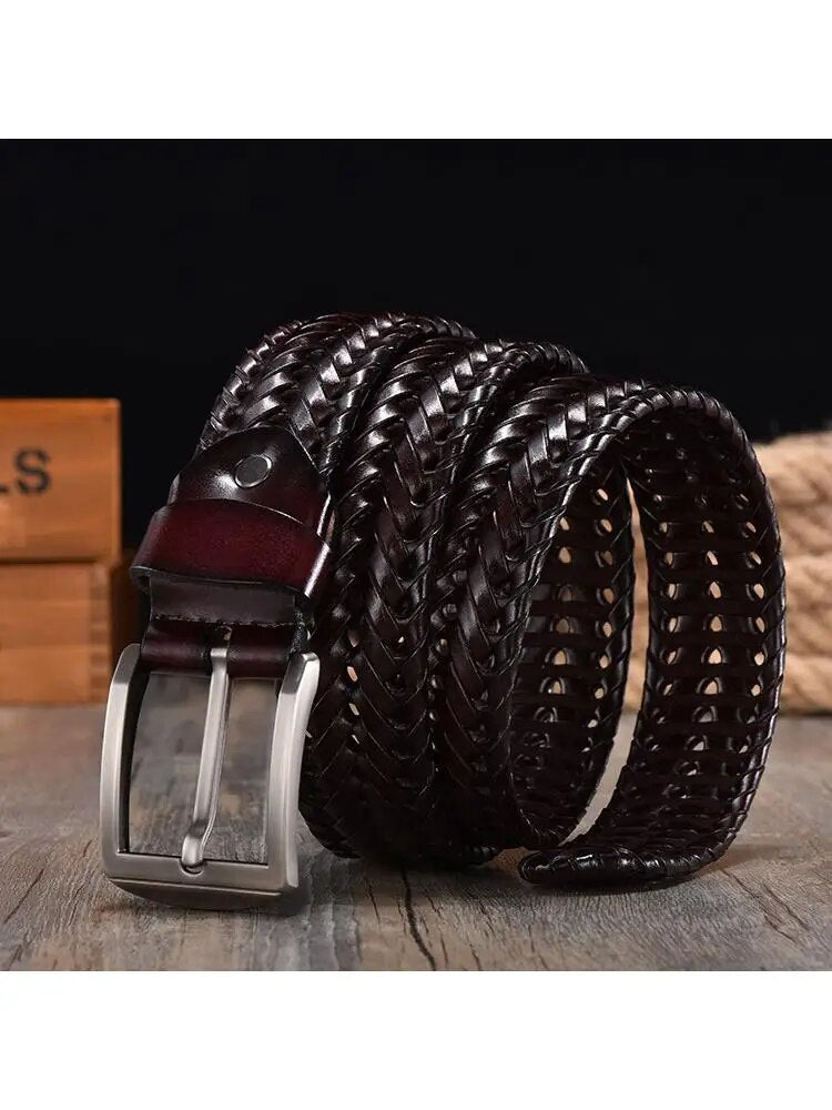 2022 New Design Hand Woven Belt Men Retro Pure Leather 4cm Wide Casual Needle Buckle Clothing Fashion Brown Accessories Denim