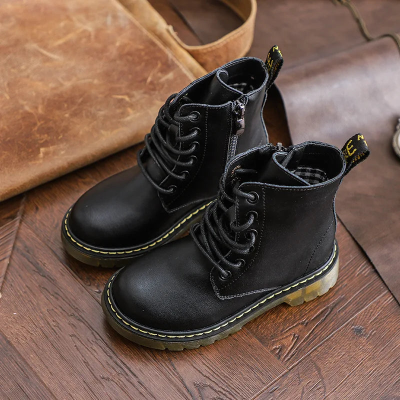 2023 Girls Leather Children Motorcycle Boots New Baby Girls Shoes Side Zipper Military Boots Boys Kids Toddler Snow Boots
