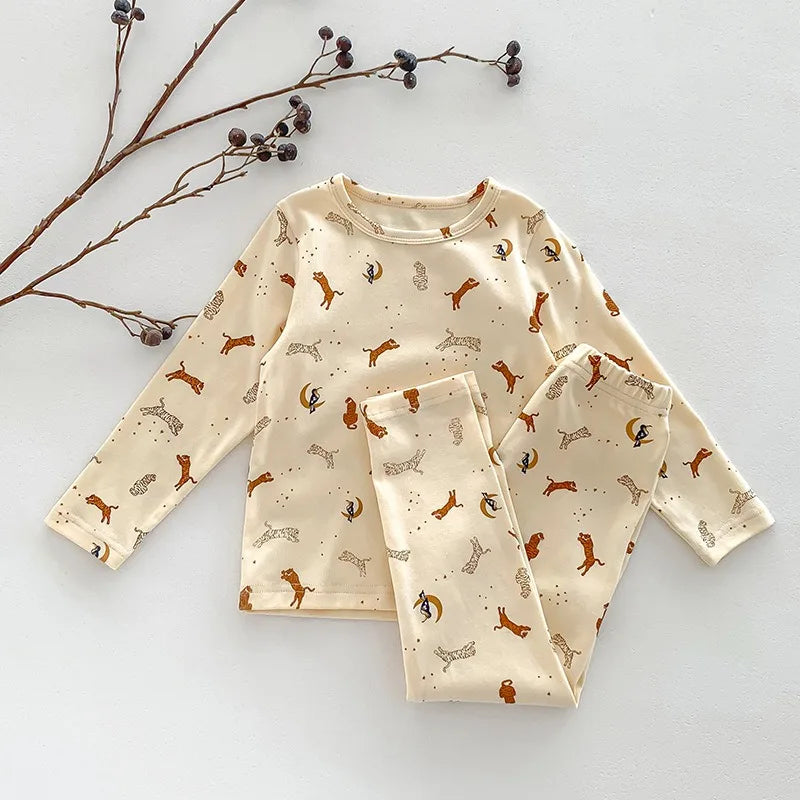 Baby Sleepwear Pajamas Set for Children Korean Girls Boy Round Neck Top and Bottom Kids Clothing Cotton Print Autumn Clothes