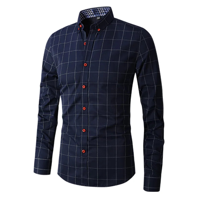 Men's Plaid Long Sleeve Dress Shirt Button Down Collar Male Business Formal Checkered Shirts Smart Casual Social Shirts