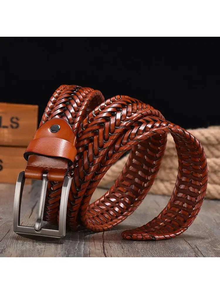 2022 New Design Hand Woven Belt Men Retro Pure Leather 4cm Wide Casual Needle Buckle Clothing Fashion Brown Accessories Denim