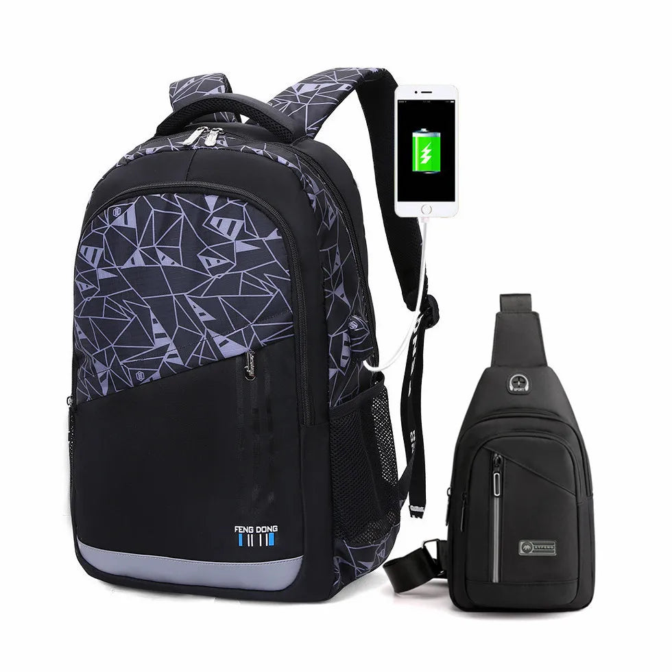 Fengdong boys school bags waterproof large backpack for teenagers bagpack high school backpack for boy student chest bag set