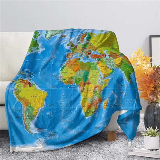 3D World Map Theme Flannel Throw Blankets for Sofa Winter Warm Bedroom Decor Blanket on The Bed Soft Kids Adults Travel Gifts