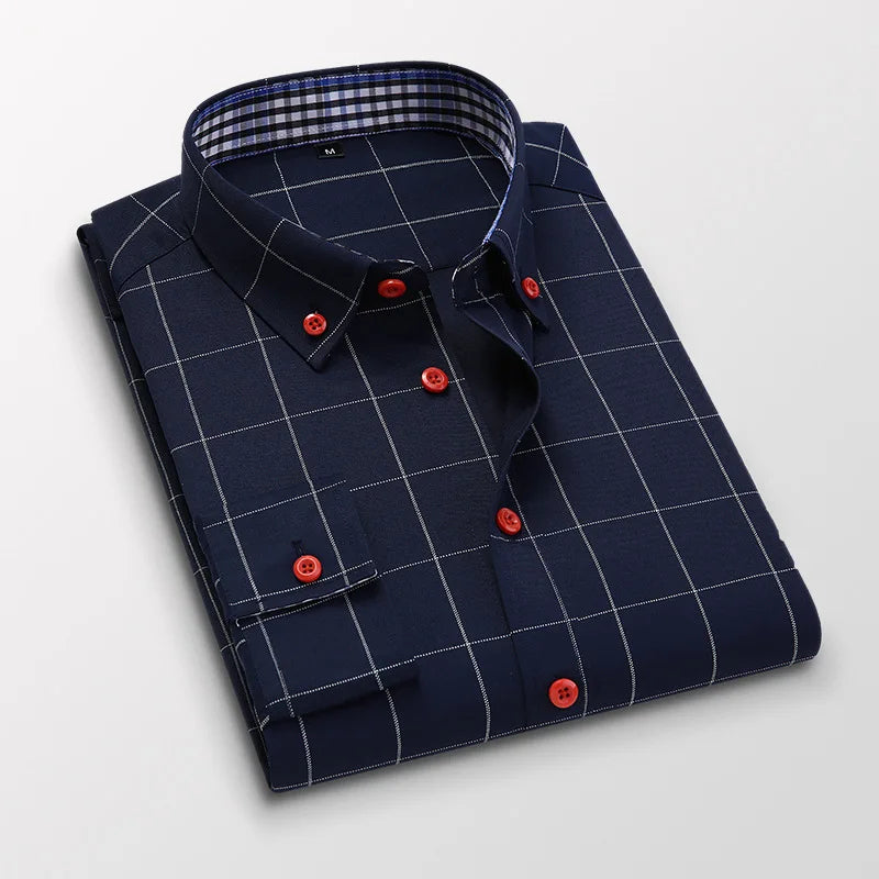 Men's Plaid Long Sleeve Dress Shirt Button Down Collar Male Business Formal Checkered Shirts Smart Casual Social Shirts