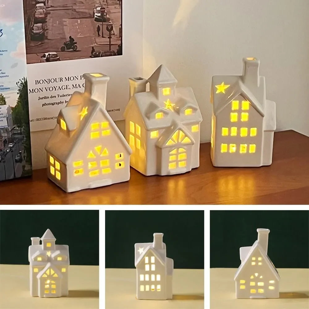 White Xmas Ornaments LED Lights Festival Decorations Ceramic Home Decor Cone House Christmas Light