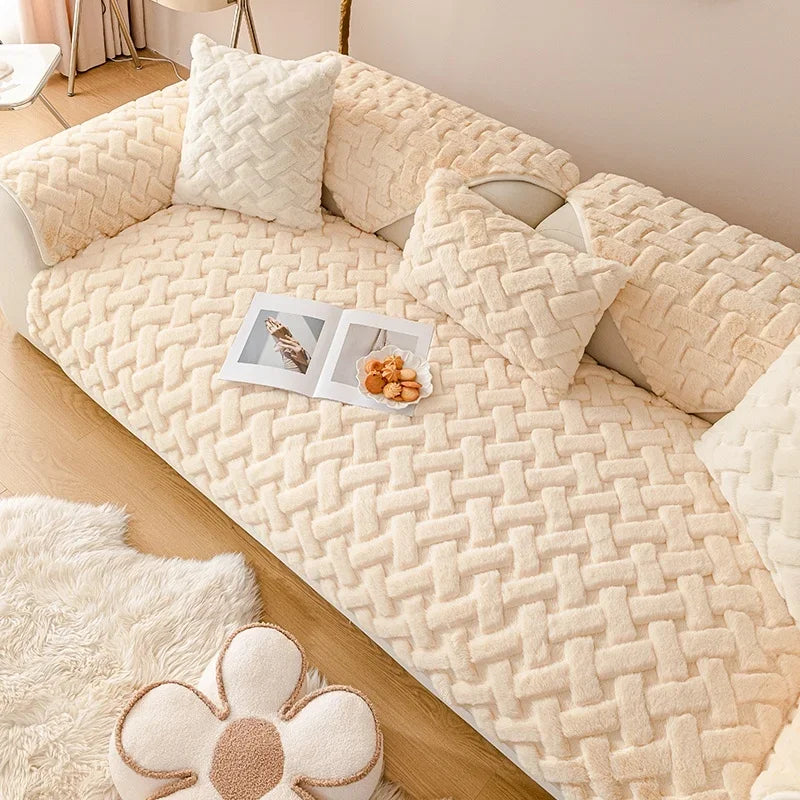 Warm Winter Sofa Cover Cheese Sofa Mat Faux Rabbit Plush Sofa Towel Pet Couch Cover Anti Cat Scratch Sofa Slipcover Xmas Decor