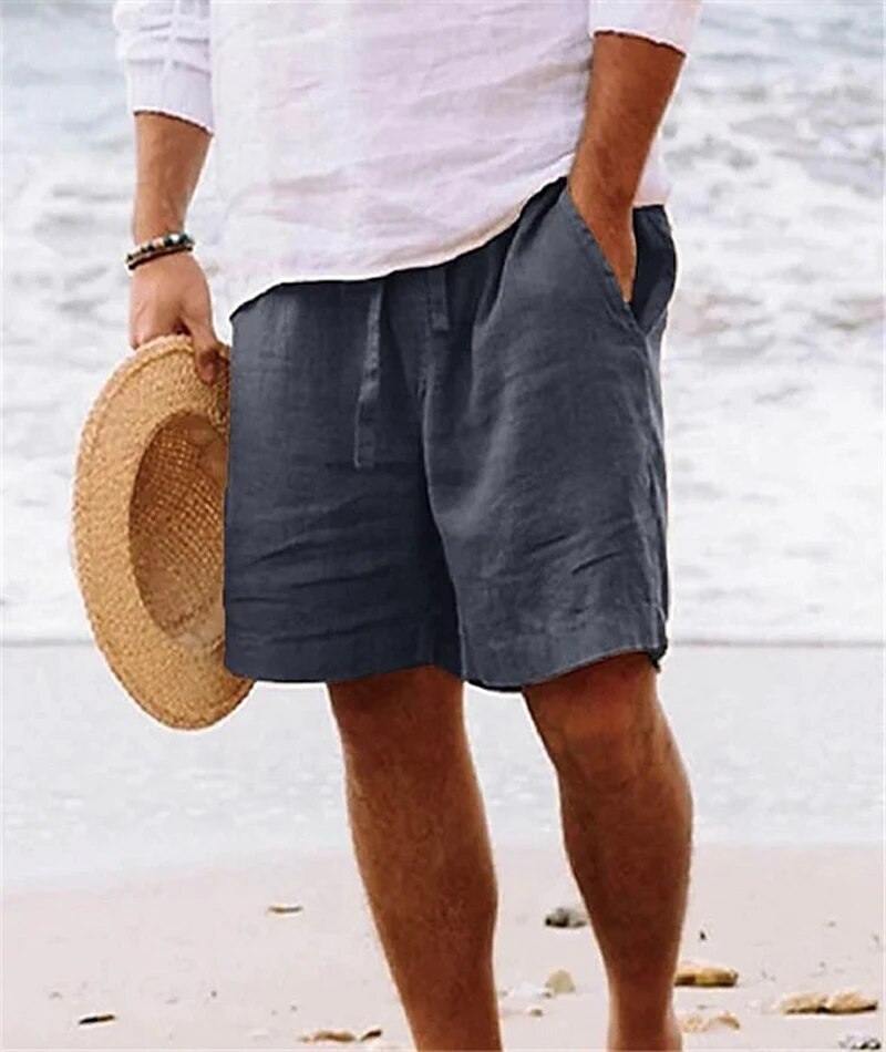 2023 Summer Cotton Linen Shorts Mens Beach Shorts Solid Color Daily Casual Drawstring Short Pant Breathable Loose Shorts For Men