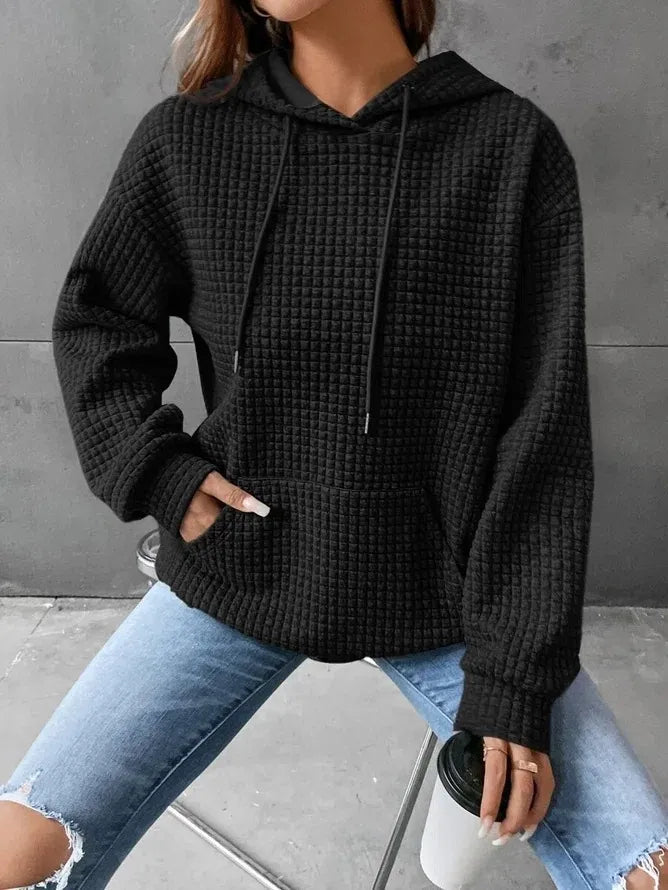 Women's Solid Color Sweatshirt Autumn/Winter Hooded Sweatshirt Waffle Round Neck Long Sleeve Sweatshirt
