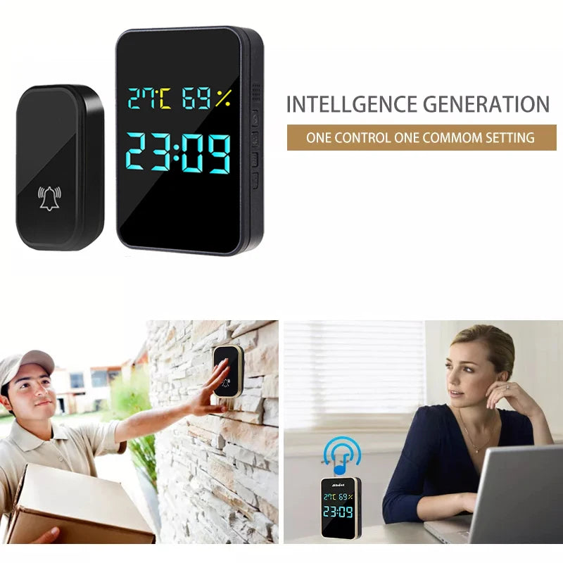 Self Powered Wireless DoorBell Door Bell DisplayTemperature Humidity Time No Battery EU US Plug Smart Home