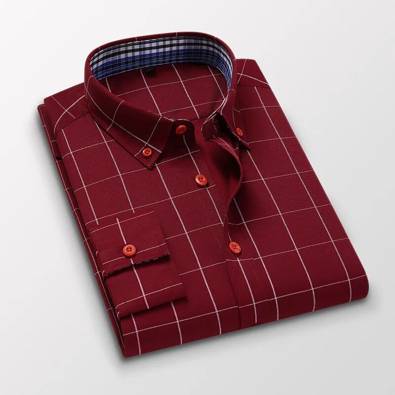 Men's Plaid Long Sleeve Dress Shirt Button Down Collar Male Business Formal Checkered Shirts Smart Casual Social Shirts