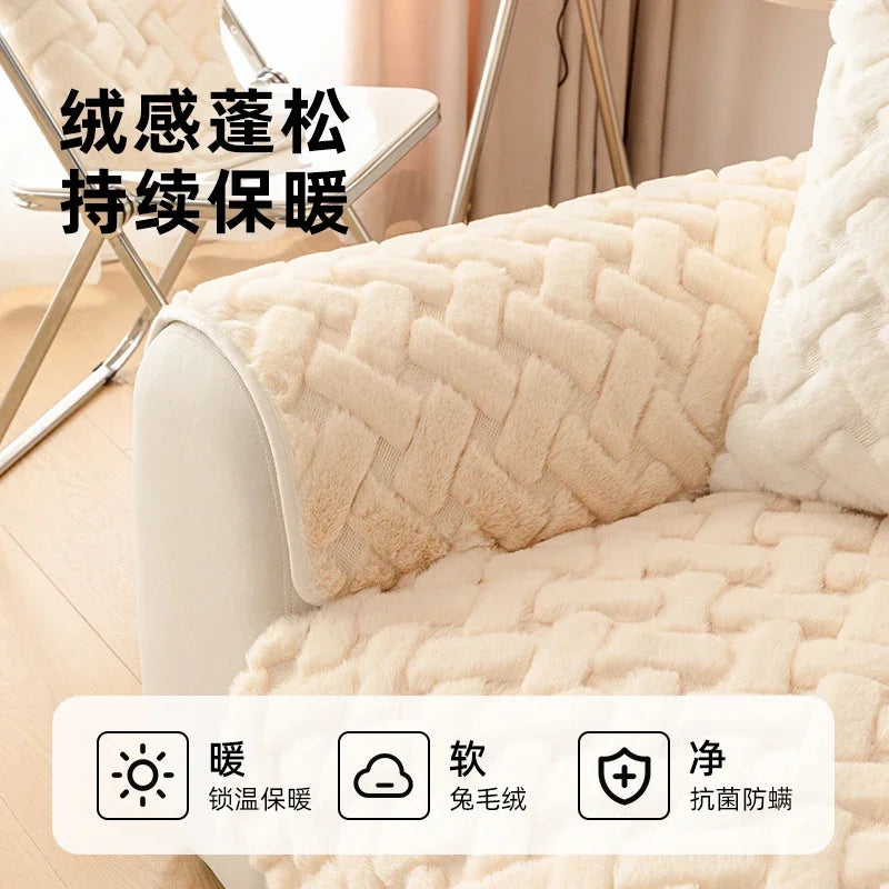 Warm Winter Sofa Cover Cheese Sofa Mat Faux Rabbit Plush Sofa Towel Pet Couch Cover Anti Cat Scratch Sofa Slipcover Xmas Decor