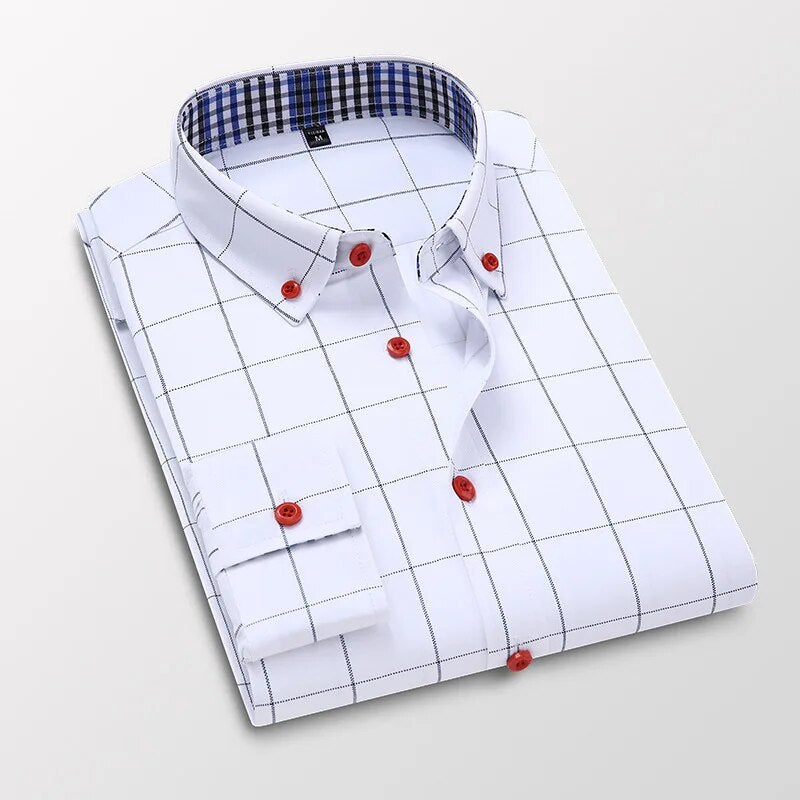 Men's Plaid Long Sleeve Dress Shirt Button Down Collar Male Business Formal Checkered Shirts Smart Casual Social Shirts