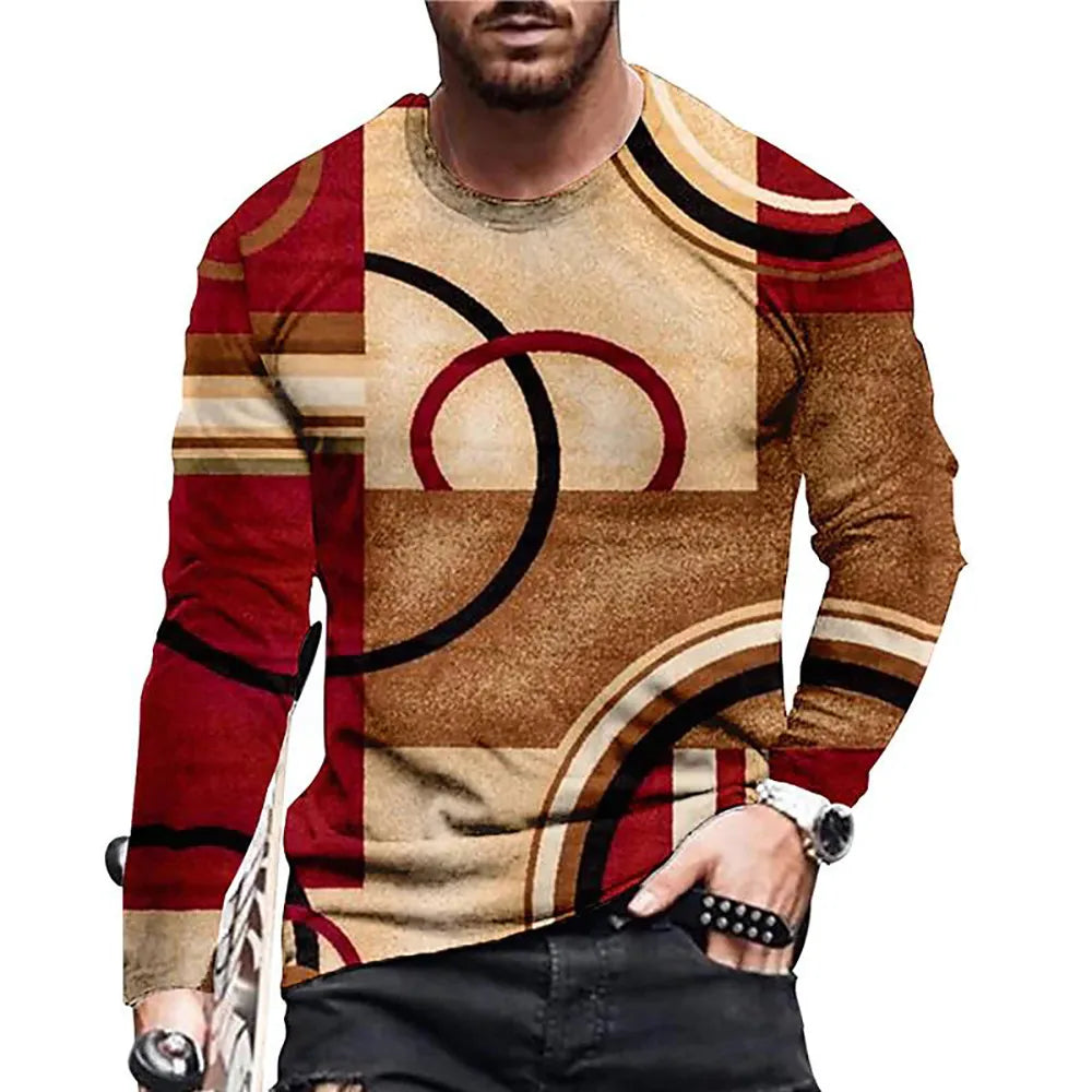 Vintage Patchwork Colour 3d Print Summer Men's O-Neck T-shirt Casual Long Sleeve Oversized T Shirt Fashion Pullover Men Clothing