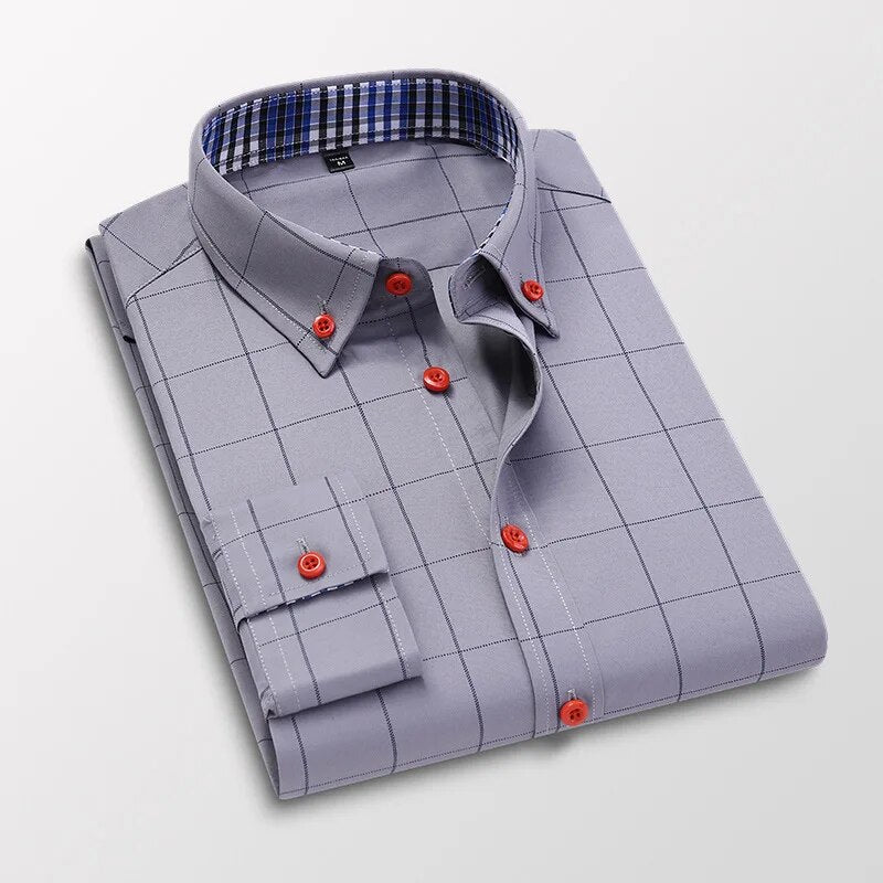 Men's Plaid Long Sleeve Dress Shirt Button Down Collar Male Business Formal Checkered Shirts Smart Casual Social Shirts