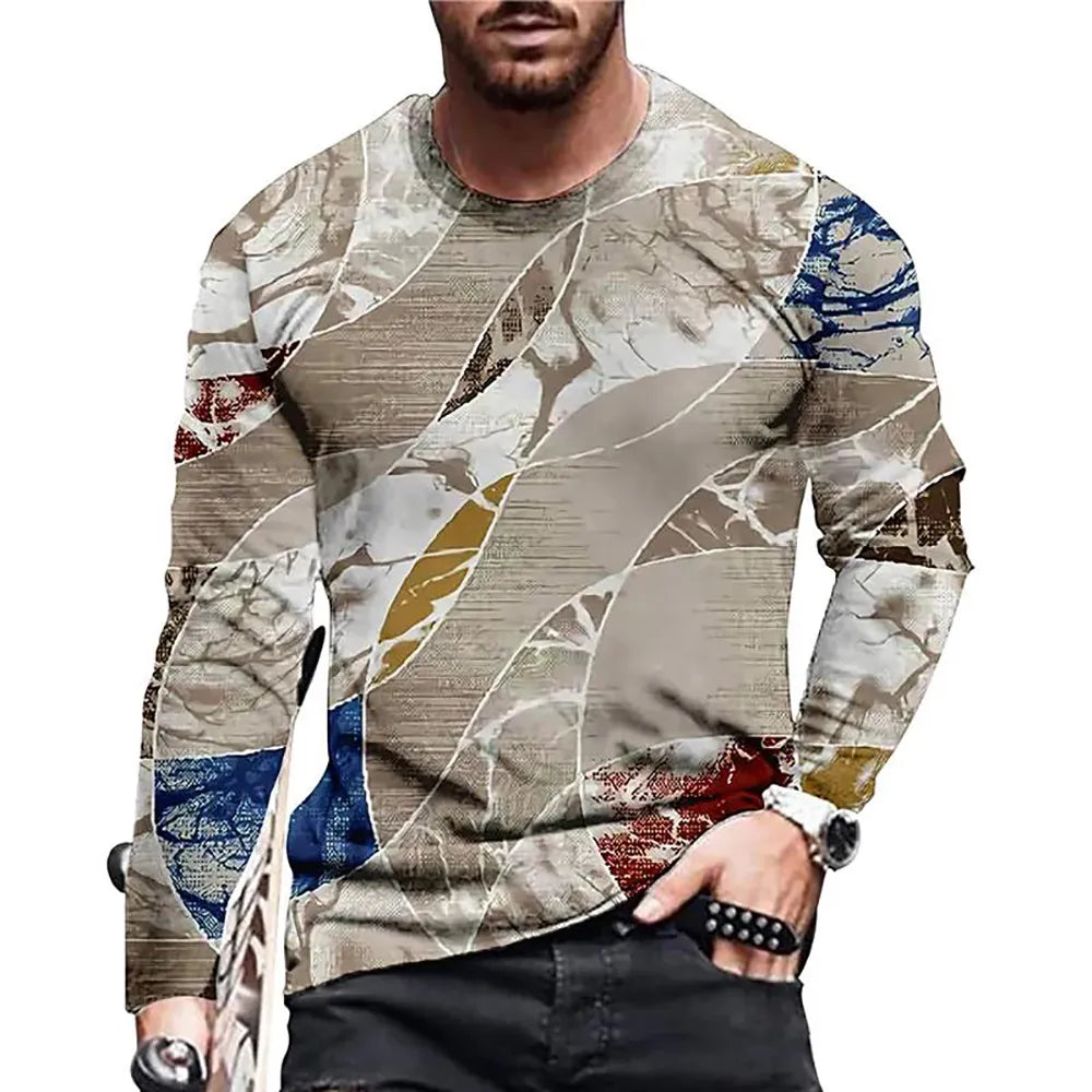 Vintage Patchwork Colour 3d Print Summer Men's O-Neck T-shirt Casual Long Sleeve Oversized T Shirt Fashion Pullover Men Clothing